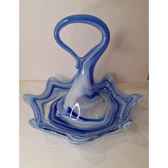 HANDMADE BLOWN SWIRL GLASS ART PIECE BLUE WHITE ONE-OF-A-KIND SERVING DISH - Picture 7 of 10